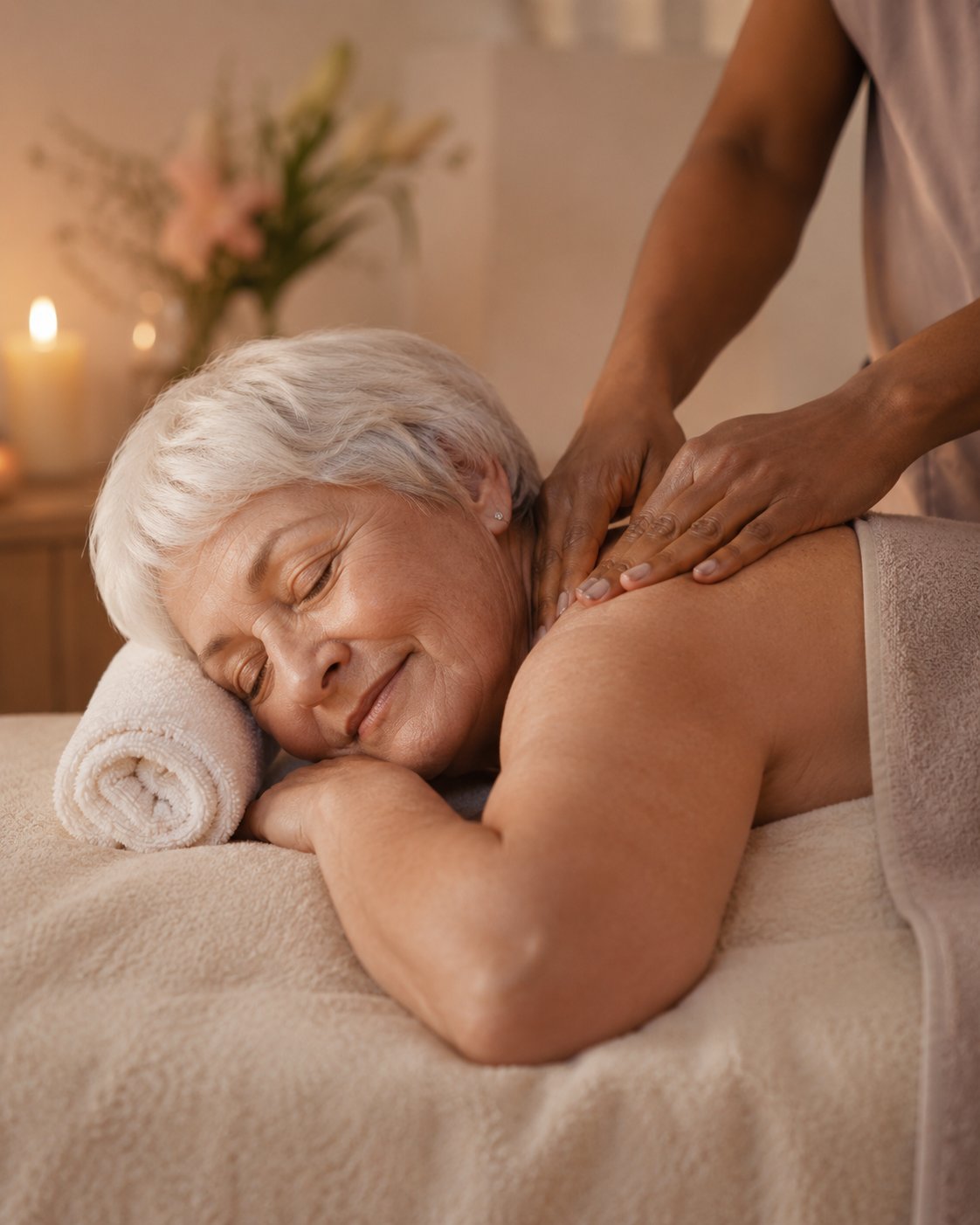 Elderly woman receiving a gentle recovery massage