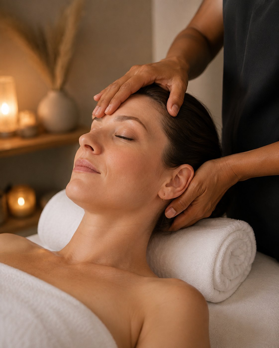White woman receiving a targeted head massage